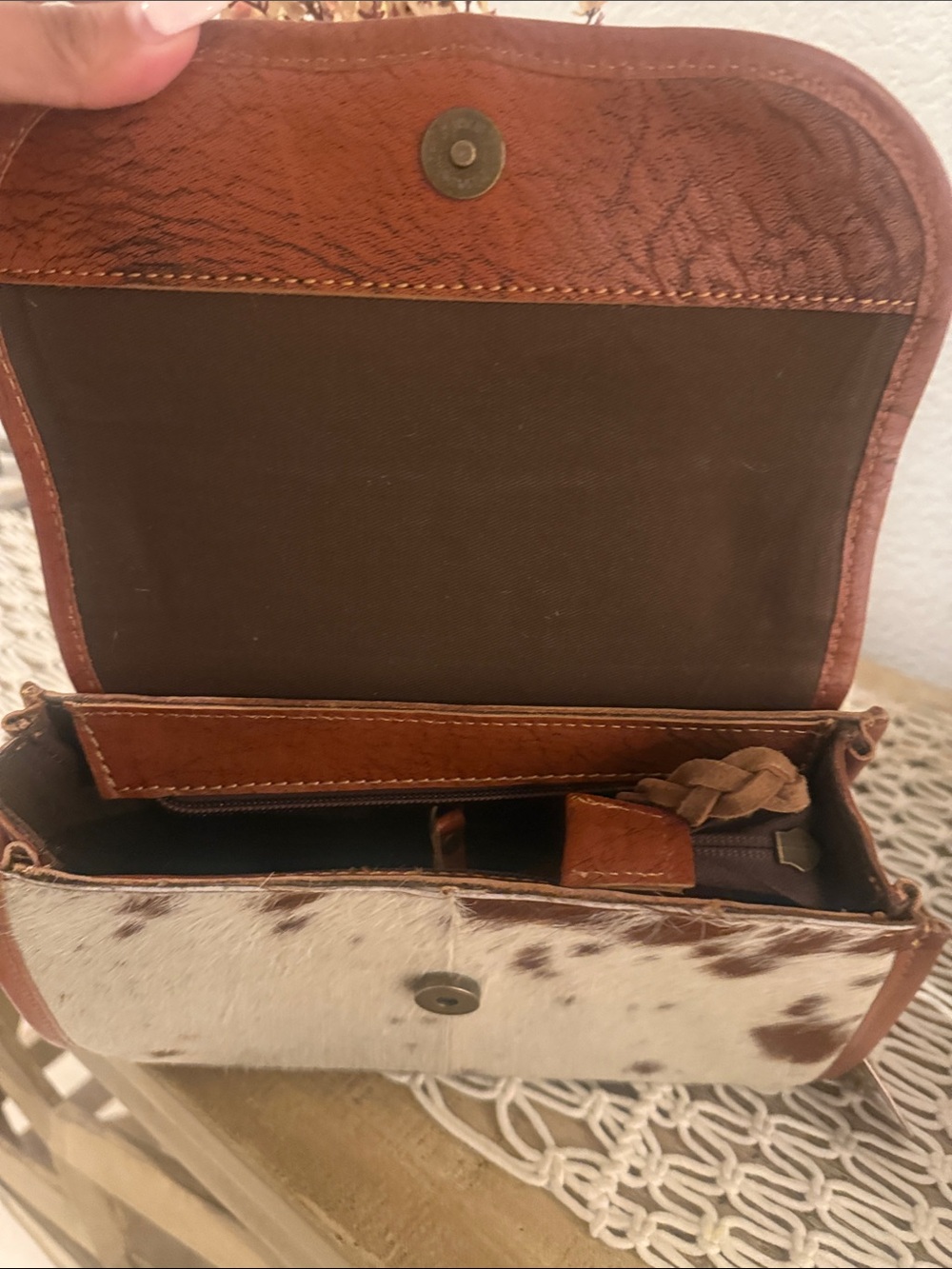 Rustic Luxe Cowhide Top Handle Crossbody Bag
Way - Picture 4 of 5